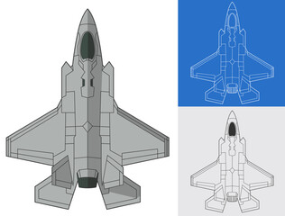 Set F-35 military aircraft design in colored, lineart and blueprint style from top view. Vector illustrations colorful F-35 fighter jet. Outline drawing united states modern combat aeroplane F35.