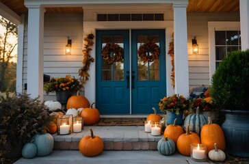 Cozy Autumn Farmhouse Porch with Pumpkins, Lantern, and Wreath at Golden Hour