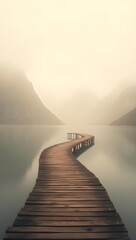 A long, winding wooden pier stretches across a calm, misty lake towards distant mountains.