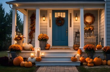 Obraz premium Cozy Autumn Farmhouse Porch with Pumpkins, Lantern, and Wreath at Golden Hour