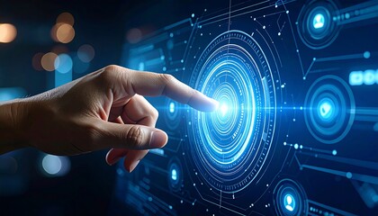 Human finger interacts with a holographic interface and activates global network connection