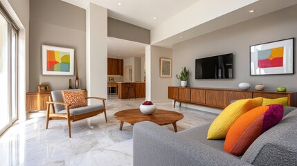 Modern style living room sleek furniture wall mounted TV