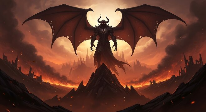 Powerful Demon Lord Overlooking Burning Landscape.