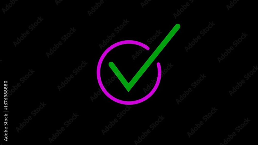 Poster modern check mark icon with circle for confirmation and approval on black background
