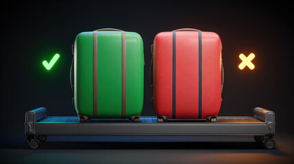 dual conveyor belts showing accepted vs rejected luggage iconography informational style no words illustration concept scene visual for commercial design use high detail quality stock image