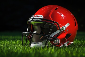 Fototapeta premium Bright orange football helmet resting on vibrant green grass in a dimly lit environment