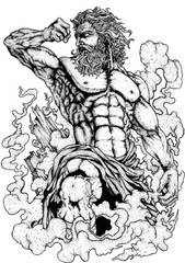 Grayscale vector image of the figure of the god Zeus amidst a cloud of smoke.