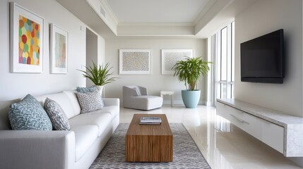 Polished floor living room with modern couch and abstract painting
