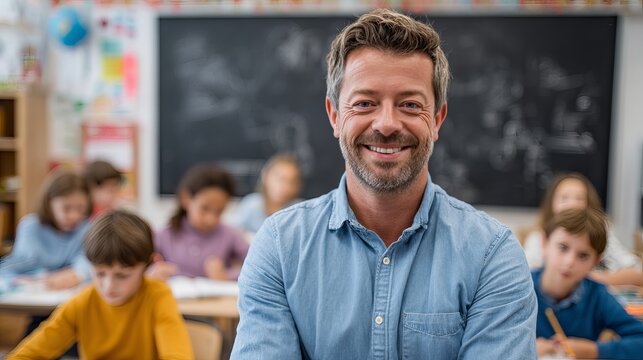 Smiling teacher in classroom with students creates a positive learning environment