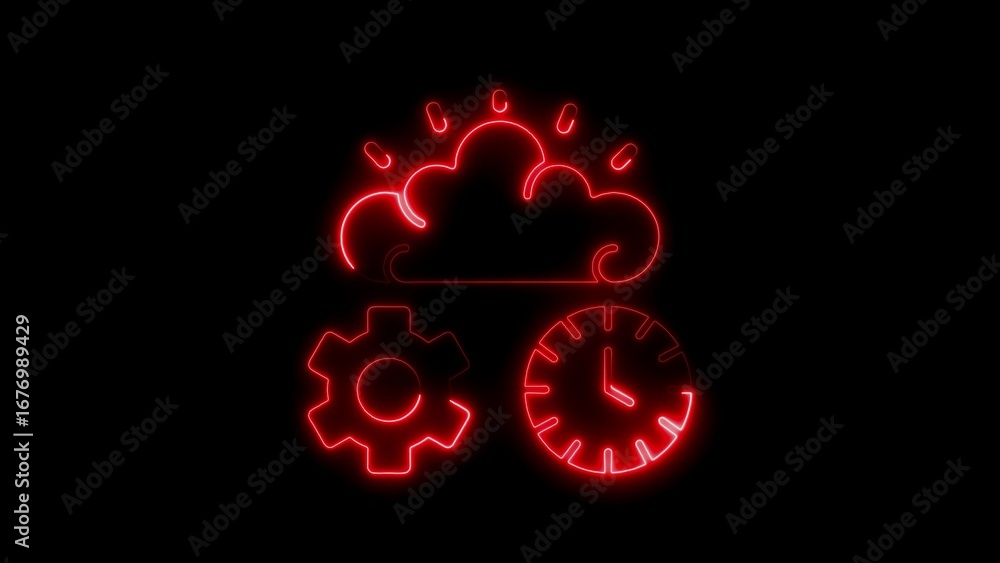 Poster red neon icons illustrating time settings and cloud computing against a black background