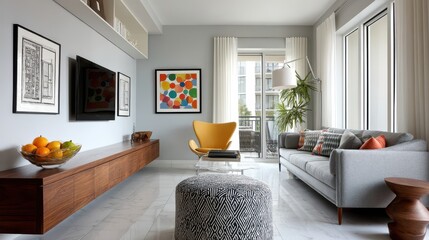 Wall mounted flat screen TV in a tidy modern living space