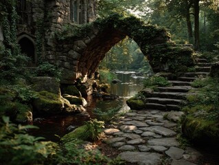 Obraz premium Ancient stone bridge over creek in enchanted forest