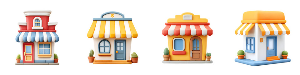 Cute Cartoon Shop Buildings Set, Isolated on White