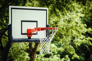Outdoor basketball hoop with net in a green park setting during daylight hours