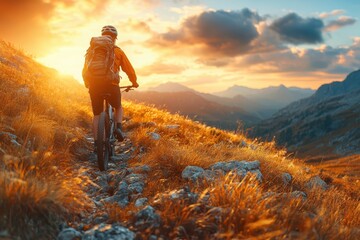 Obraz premium Mountain biker rides along a rugged trail at sunset, enjoying nature's vibrant evening colors