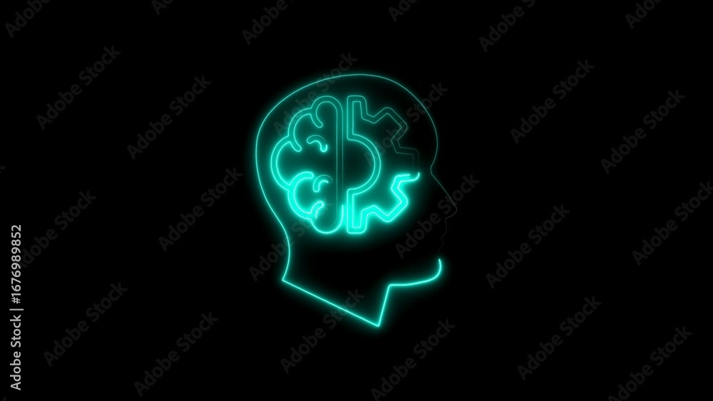 Poster glowing neon brain and gear symbolizing intelligence innovation and artificial cognitive abilities