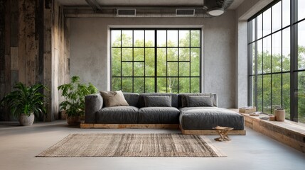 Contemporary industrial design with wood table and steel beams
