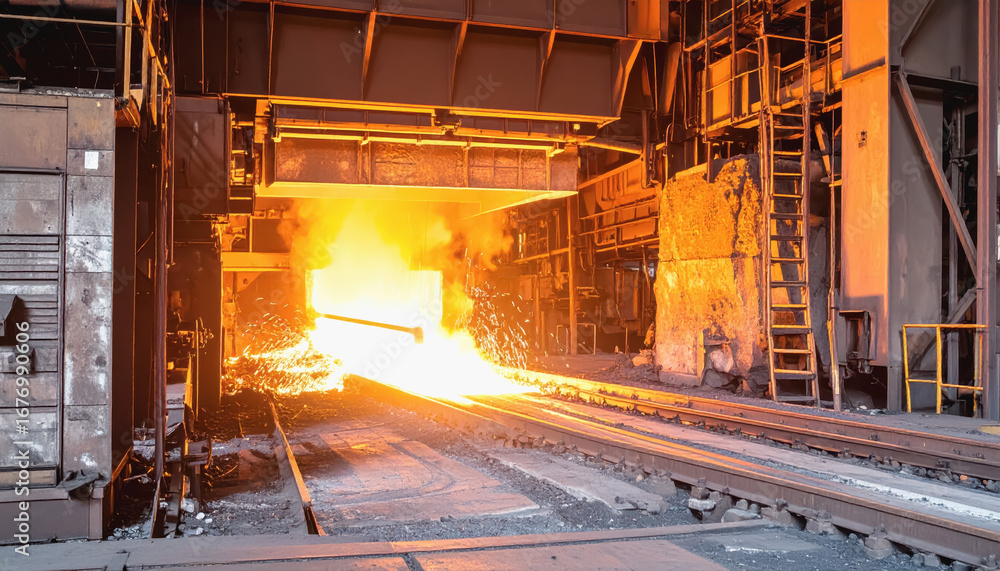 Poster expansive view of a steel mill with various manufacturing processes and copy space for text