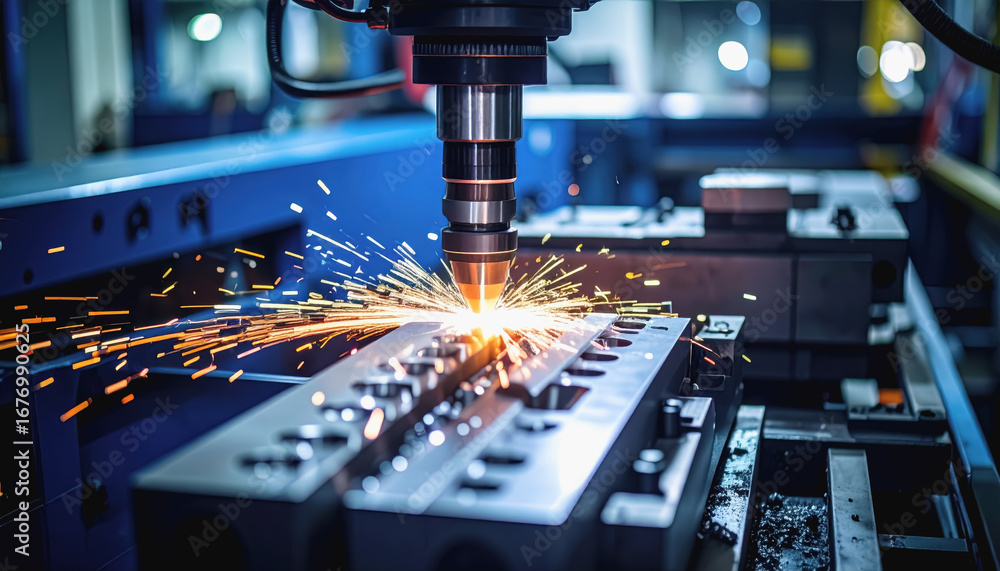 Poster advanced machine cutting a piece of metal with precision in a steel alloying process and copy space 