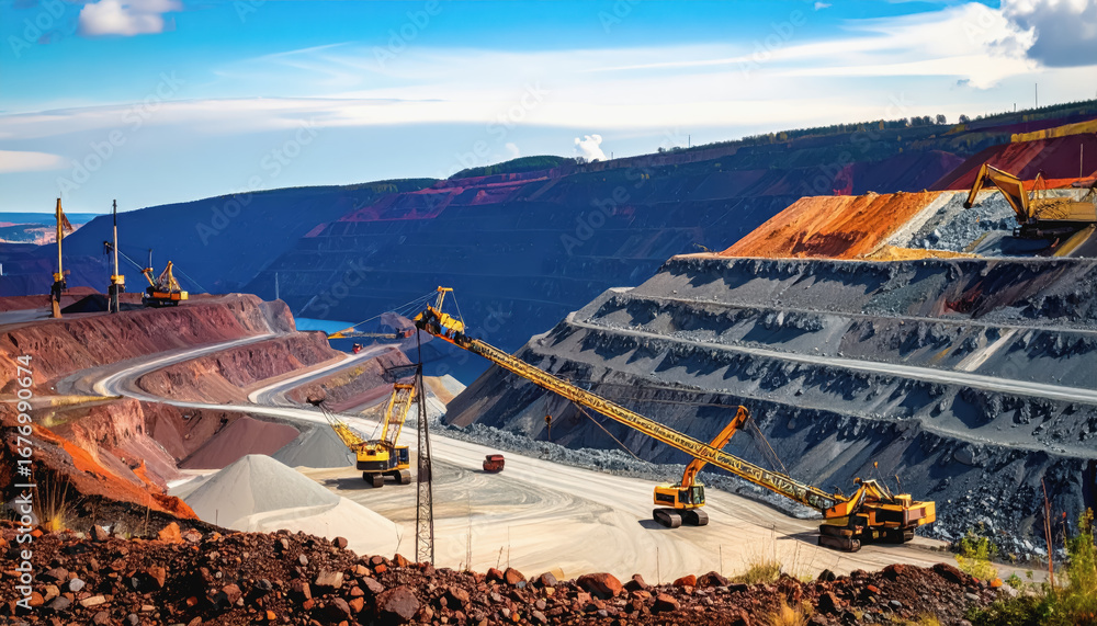 Poster active construction site for tantalum mining with copy space for text in an industrial setting