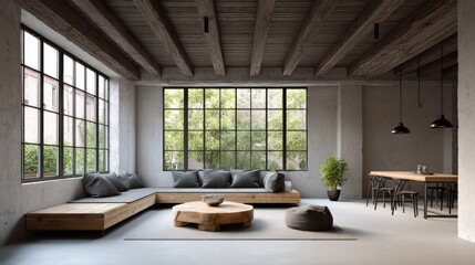 Modern-industrial living room concrete steel wood minimal decor