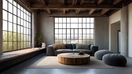 Loft style apartment with warehouse windows and concrete walls
