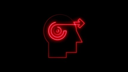 Conceptual red neon brain and arrow illustration representing thoughts and direction