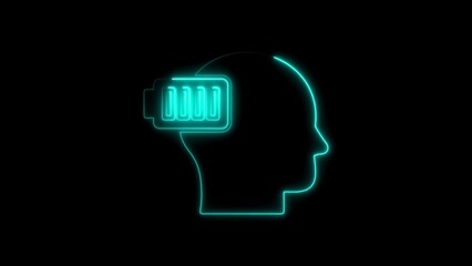 Brain power represented by a glowing neon outline of a head with a full battery
