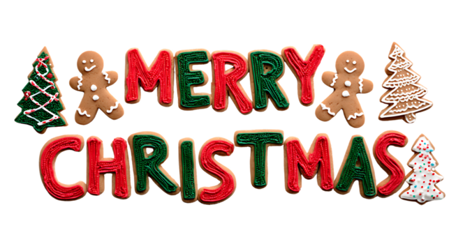 Gingerbread man and christmas tree cookies spelling merry christmas isolated on transparent background