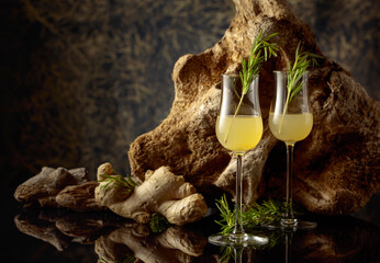 Ginger liquor with a rosemary branch.
