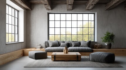 Industrial chic interior with concrete floor and statement lighting