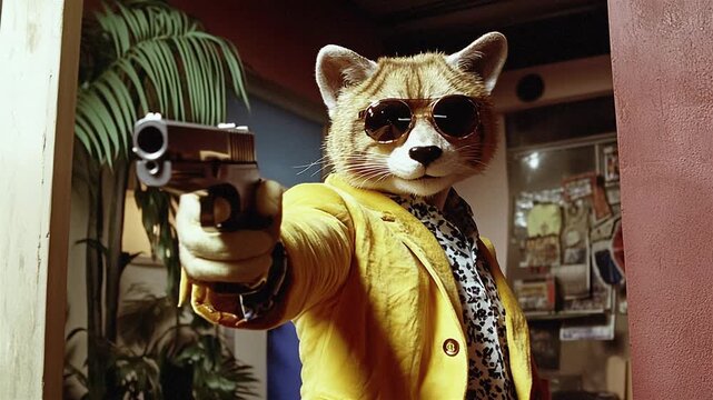 Cat with a gun, movie 80s style.