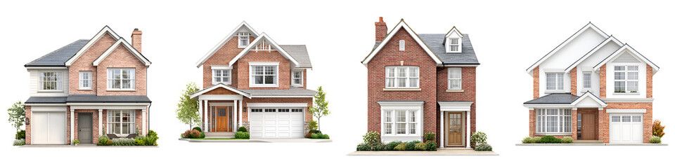 Exterior Views of Modern Brick Houses with Garages on White