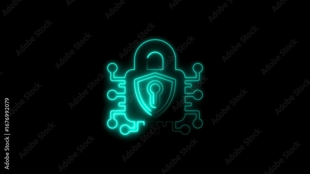 Poster glowing neon security icon representing digital data protection and network safeguarding