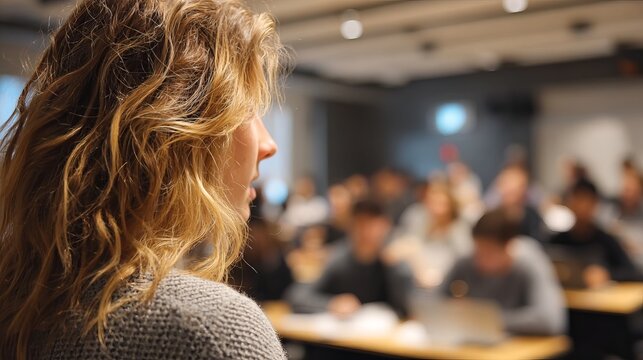 Confident woman giving a presentation in a modern classroom setting to a diverse audience