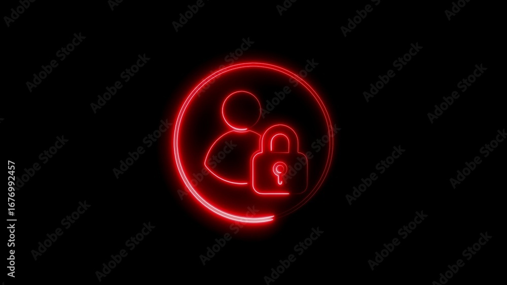 Poster neon red user account lock icon against a dark background illustrating security