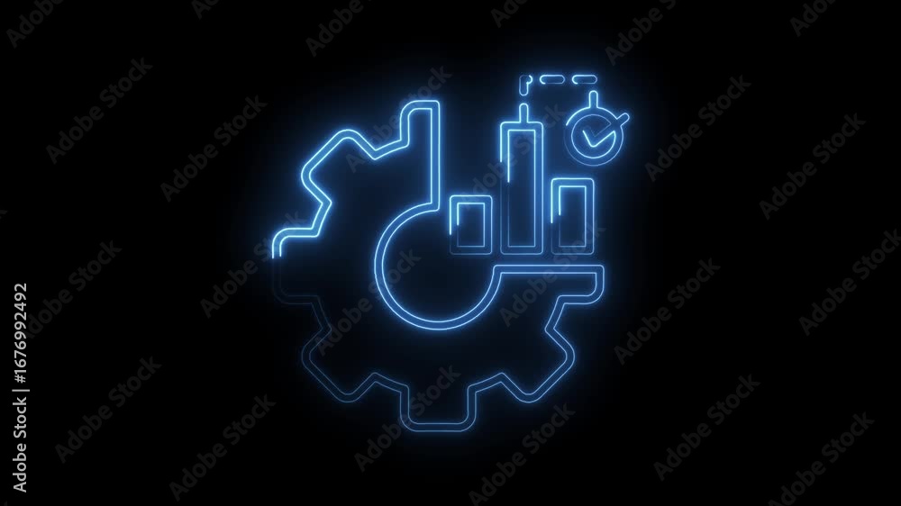 Poster glowing neon gear with bar graph and check mark on dark background