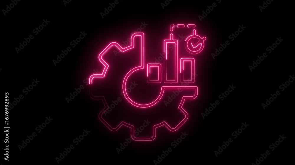 Poster glowing pink neon icon animation displaying gear cogwheel and data graph symbol