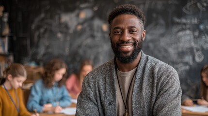 Smiling teacher inspires students in classroom, fostering learning and education success in school