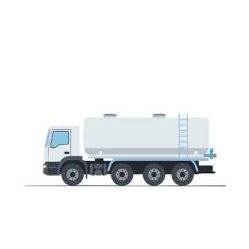 A clean flat illustration of a modern water truck depicted in a stylized side view with simple forms, isolated on a pristine white background.