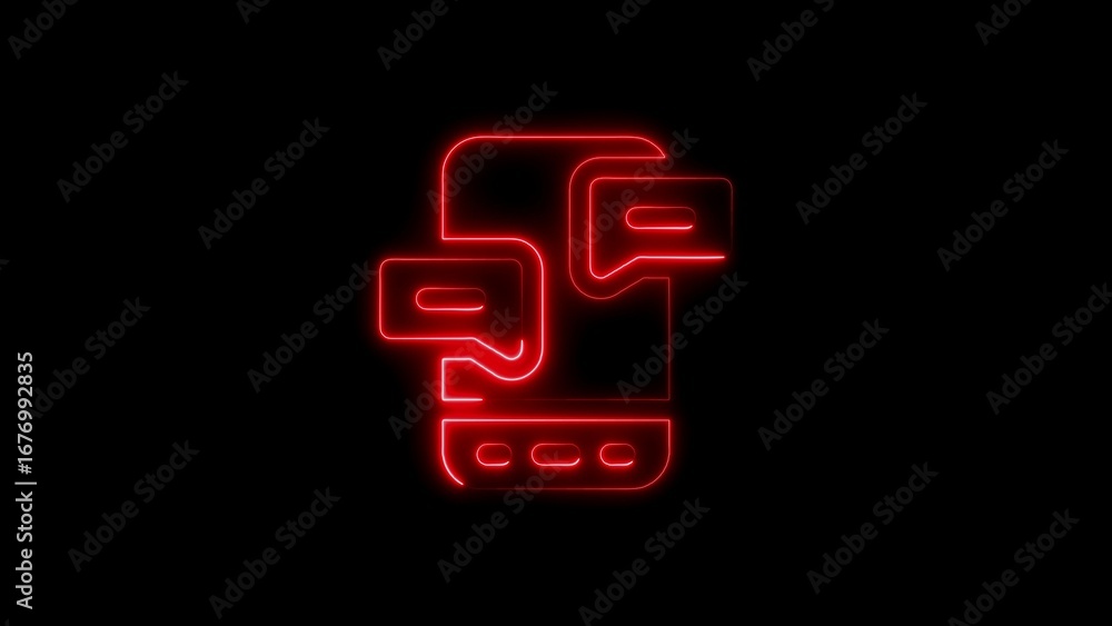 Poster modern neon style representation of mobile phone with text message bubbles glowing red