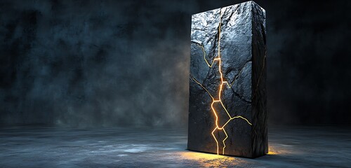 Stone monolith relic with electric circuit cracks and luminous power core