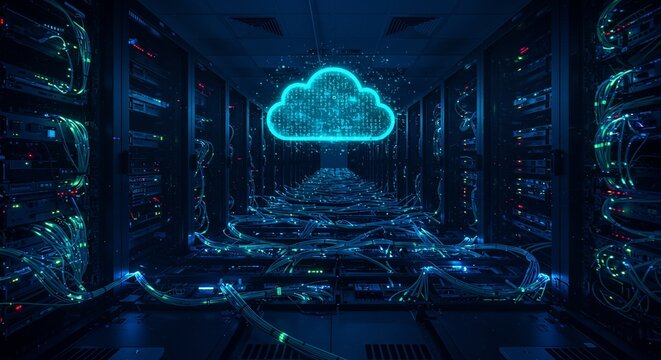 Glowing Cloud Data Center Server Room Network