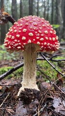 red fly agaric mushroom with white dots growing in forest close up
