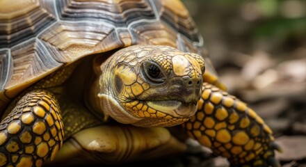 Obraz premium Detailed close-up of a tortoise showcasing intricate patterns and textures