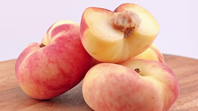 Chinese flat donut peach fruit. Zoom in.