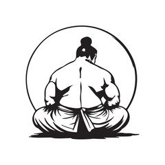 Vector illustration of a sumo athlete sitting with his back to the camera in a minimalist style and calm expression.