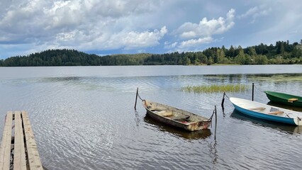 Fototapeta premium lonely boat floating on calm lake under cloudy sky and tree branches
