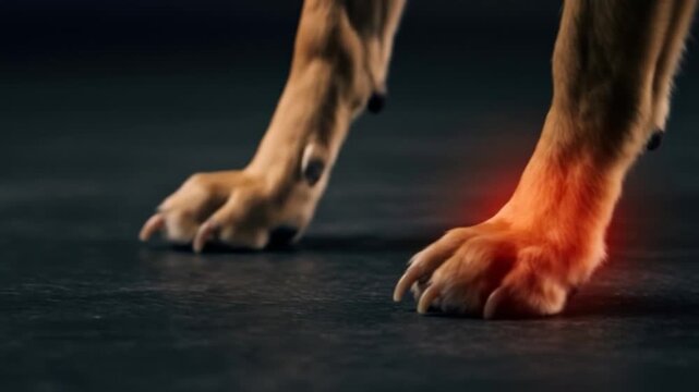 Illuminated dog paw highlighting area of discomfort animal foot on dark background