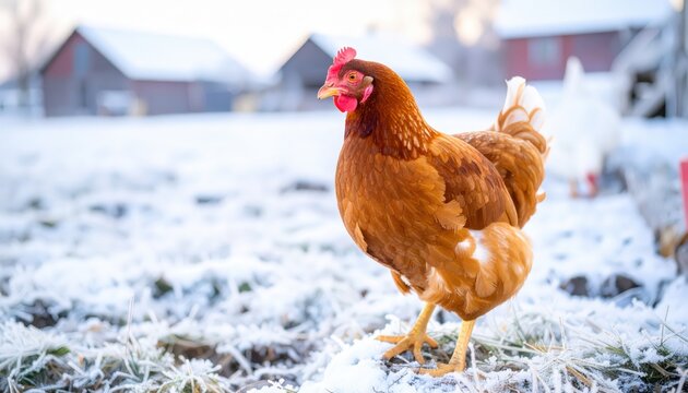 A brown hen stands on frosty, snow-dusted ground with blurred farm buildings in the background, winter light highlighting its feathers.